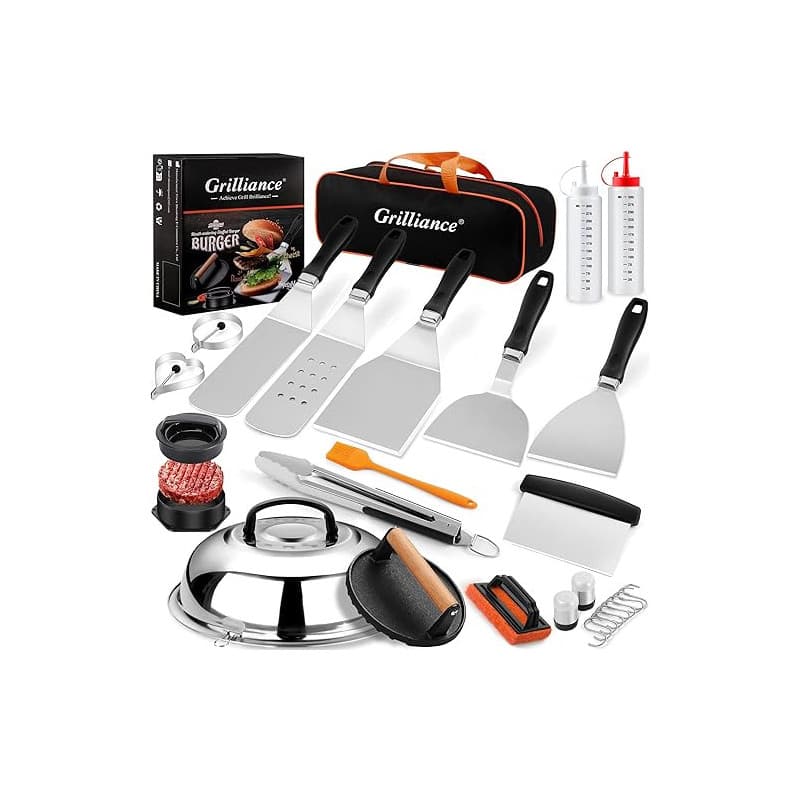 Grilliance 27PCS Spatule Plancha Accessoires pour Hommes, Teppanyaki Grill Set d'ustensiles de Barbecue INOX, Hibachi Smasher Bu