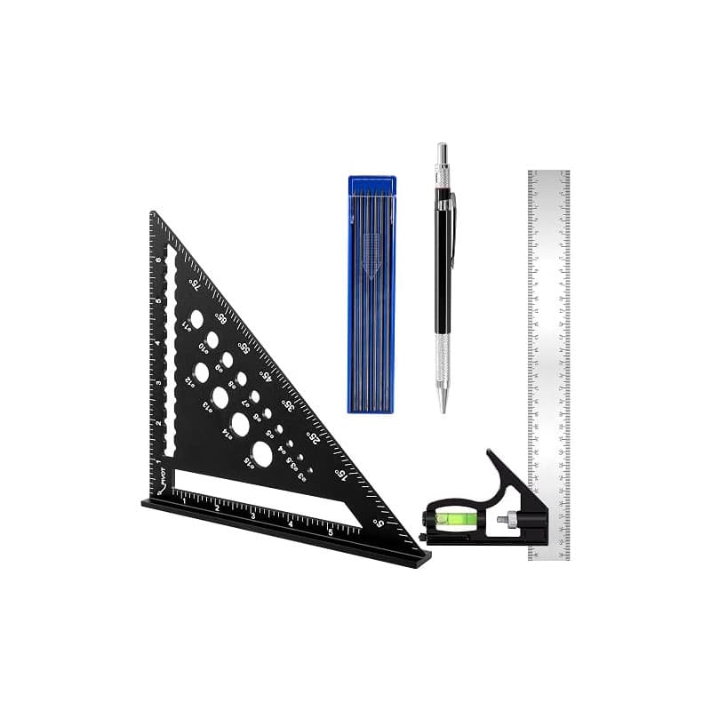 Equerre Menuisier 185 mm, Règle d'Angle Combinée Aluminium 300 mm, Crayon Chantier avec 12 Mines pour Tracé Mesure Marquage Trav