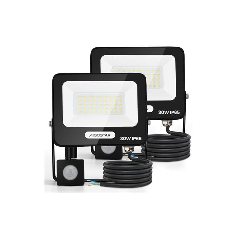Aigostar 30W Projecteur LED Extérieur avec Détecteur de Mouvement,2 Pièces,2750LM Ultra Mince Spot LED,Lumière de Sécurité Etanc