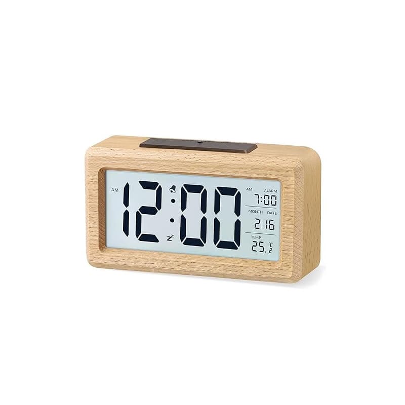 aboveClock Réveil Numérique en Bois, Réveil LCD Horloge Digitale sans Tic-tac avec Affichage Date, Température, Fonction Snooze,