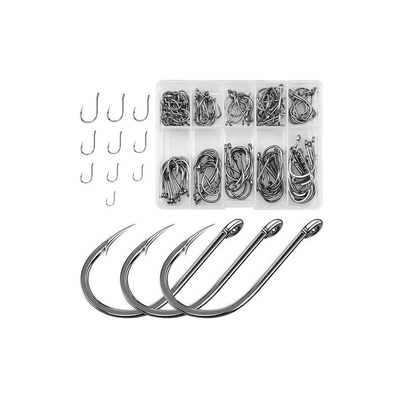 Jinlaili Hameçon de Pêche, 100 PCS Hameçons Barbelés en 10 Tailles, Crochets de Pêche, Hameçon à Carpe en Acier Carbone avec Boî