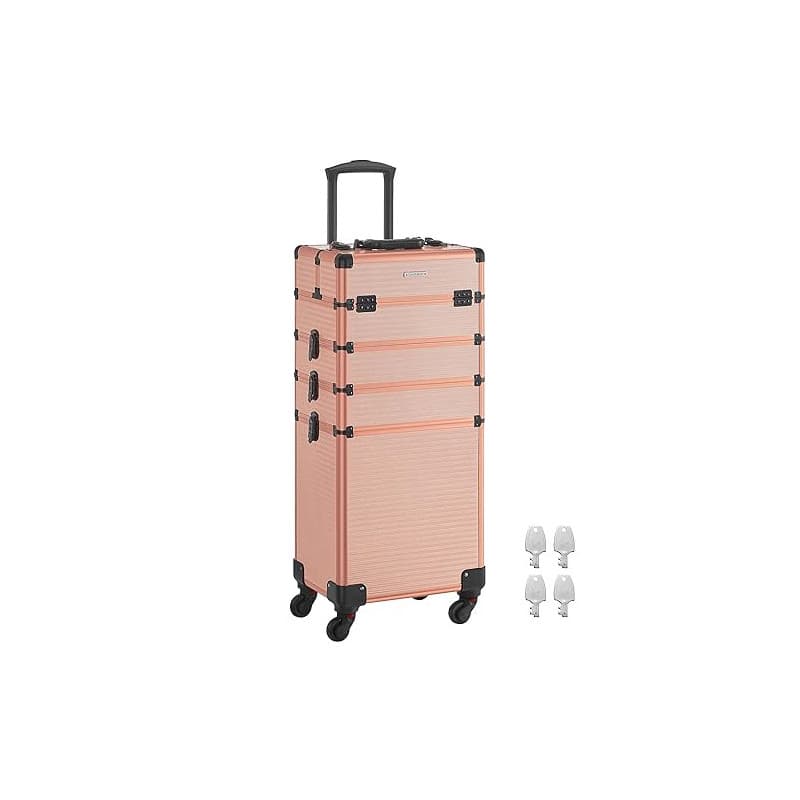 SONGMICS Valise de Maquillage Professionnel 4-en-1, Mallette Cosmétique, XXL, 34 x 24 x 79,3 cm, Verrouillable, Roulettes à 360°