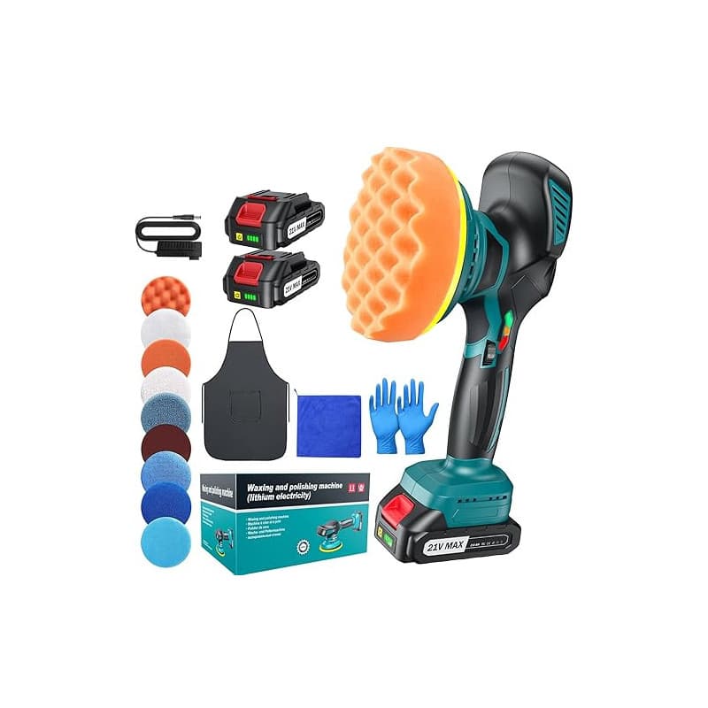 Polisseuse Voiture Sans Fil 150 mm à Double Action avec 2×21V 2000mAh Batteries, 13pcs Kit Polissage Voiture, 6 Vitesses Réglabl