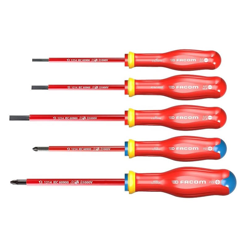 FACOM ATD.J5VE Jeu de 5 TOURNEVIS PROTWIST® isolés 1000 Volts pour vis à fente & pour vis cruciformes POZIDRIV®