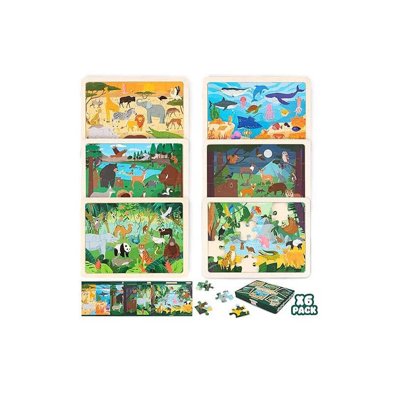 BONNYCO Puzzle Bois Enfant 6 Ensembles 24 Pcs, Animaux de Différents Écosystèmes. Puzzle 3-8 Ans avec Plateau, Jouet Educatif. C