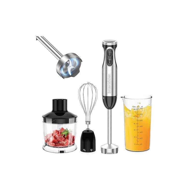 Bonsenkitchen Mixeur Plongeant, 4-en-1 Mixeur Plongeur Multifonction 1000W, 20 Vitesse Réglable, avec Fouet, Hachoir de 500ml et