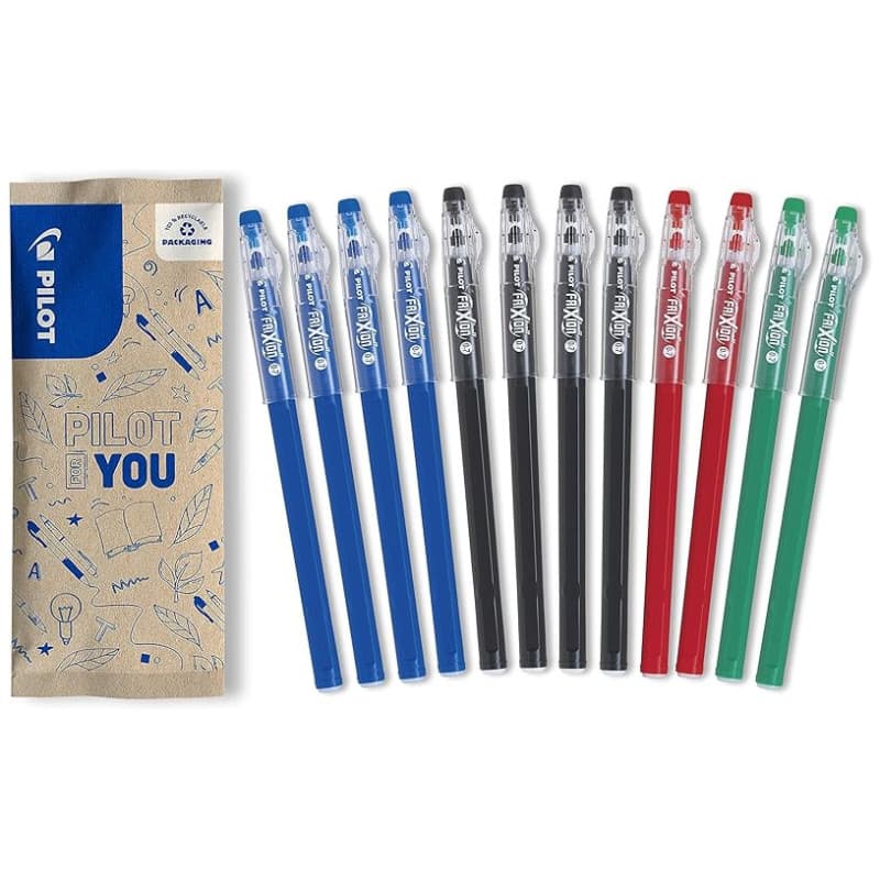 PILOT - 12 Stylos FriXion Ball Stick - Encre Gel Effaçable - 4 Bleus, 4 Noirs, 2 Rouges, 2 Verts - Le FriXion Économique à Point