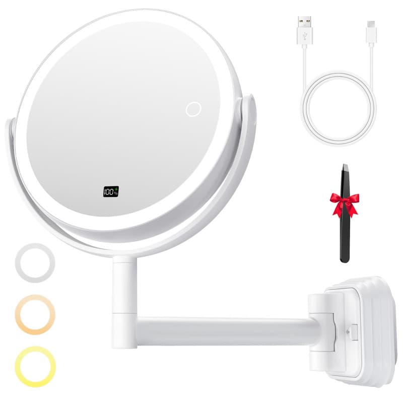 Auxmir Miroir Grossissant 30X/1X avec Affichage Batterie, Bouton Tactile Double Face, 3 Modes Lumière, Installation Murale sans
