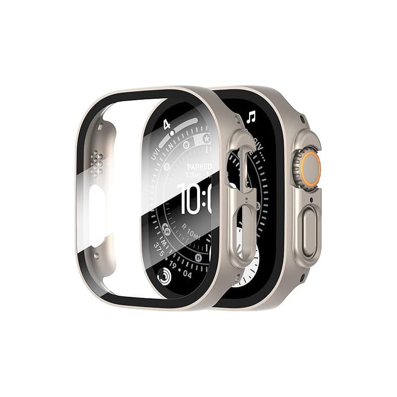 Diruite 2 Pièces Coque pour Apple Watch Ultra 3/2/1 49mm Protection Écran Dur PC Matériel Ultra Mince Verre Trempé Écran Case,Ti