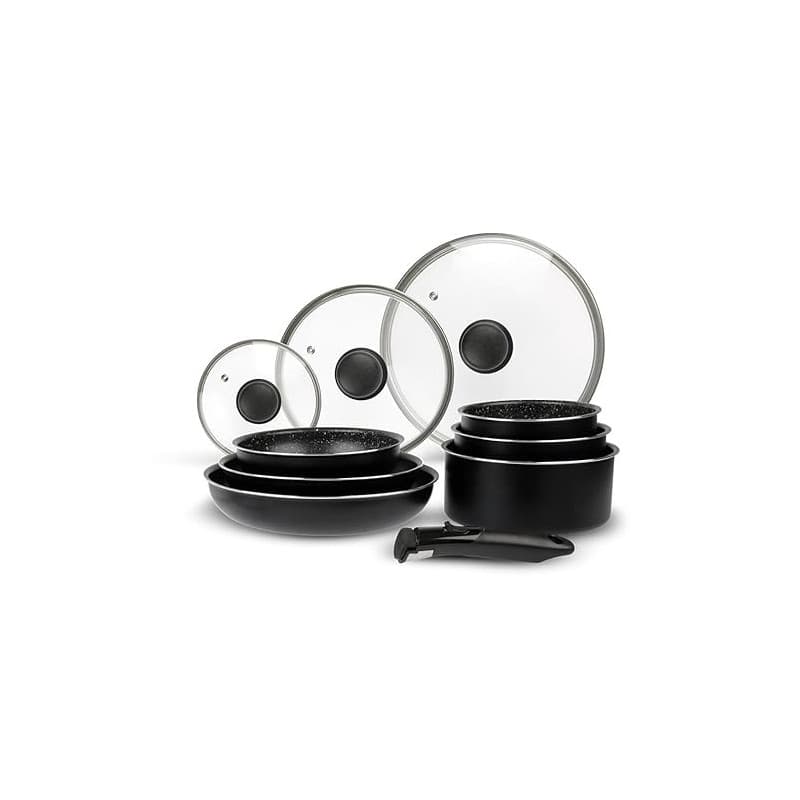 Sitram 713499 Batterie de Cuisine Aluminium 10 Pièces : 3 Poêles Ø20,24,28 cm + 3 Casseroles Ø16,18,20 cm + 3 Couvercles Verre Ø