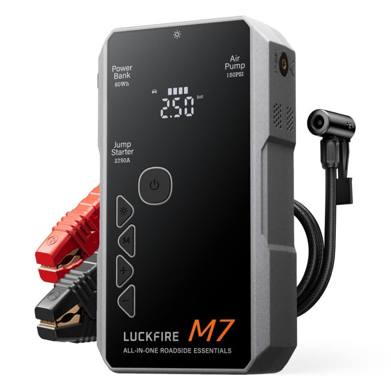 LUCKFIRE M7 Certifié TÜV Booster Batterie Voiture, SmartIgnition 12V Compresseur à Air Portatif, Gonfleur Pneus Voiture avec Bat
