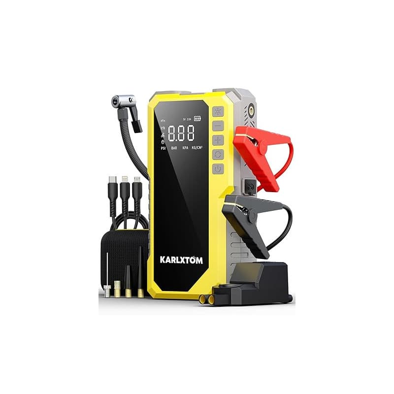 Karlxtom Booster Batterie Voiture avec 190 PSI Gonfleur, 12V Booster Voiture Puissant(Tous Gaz ou 10L Diesel), Écran LCD, 500LM