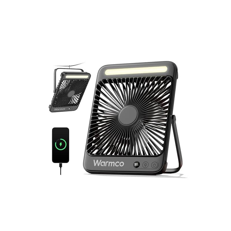 Warmco D4 Ventilateur Camping Rechargeable 20000mAh, Jusqu’à 48 h | Ultra-Mince, Lumière LED, Crochets, Ventilateur Rechargeable