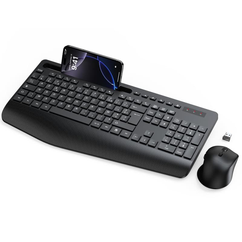 Ensemble Clavier et Souris sans Fil, Ergonomique Pleine Taille Clavier avec Repose-Poignet, Support, Mode Veille, 2,4 GHz Silenc