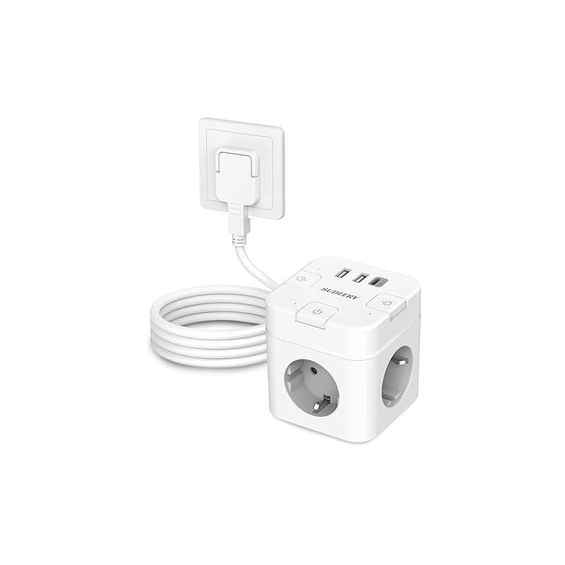 SUDEERY Cube de prise 6 en 1 avec USB C, 3 prises, prise plate avec interrupteur individuel, multiprise cube avec câble de 2 m,