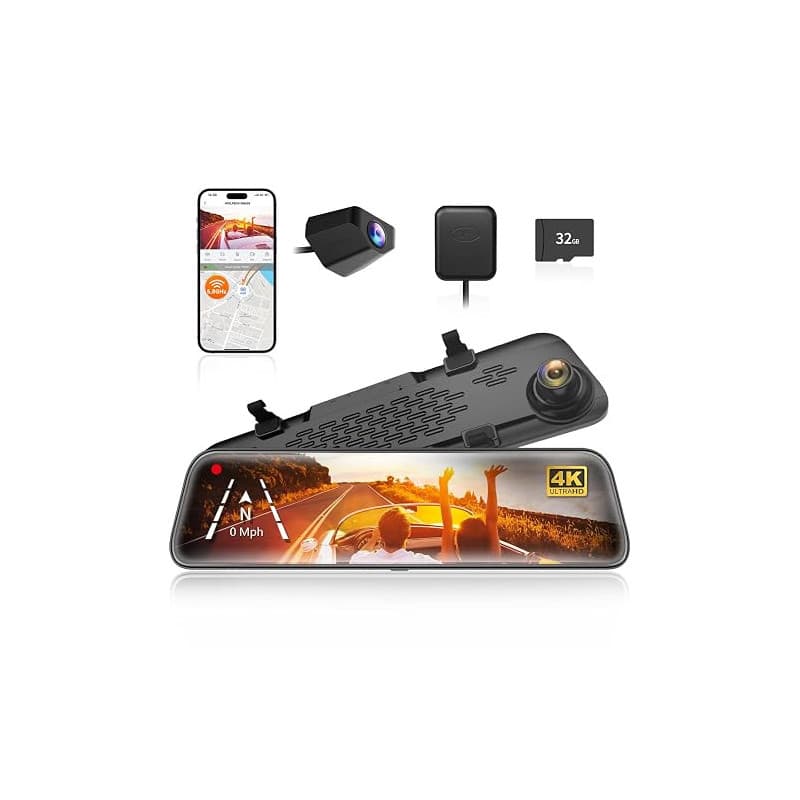 WOLFBOX 12" 4K Rétroviseur Dash Cam avec caméra de recul,2160P Full HD Rétroviseur, 5.8GHz WiFi, Avant et Arrière Double Lentill