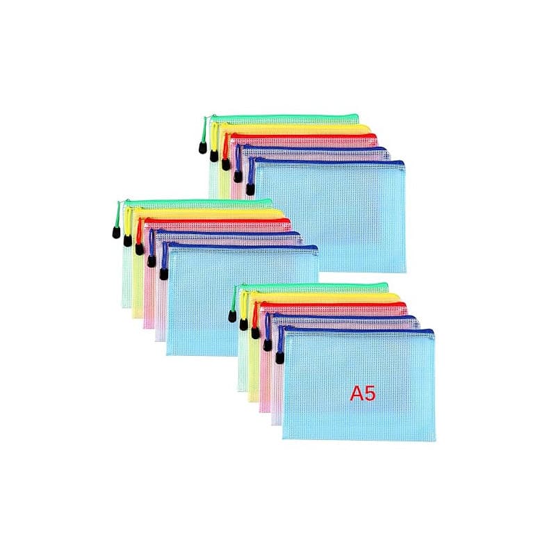 Oderra Lot de 15 pochettes à fermeture éclair pour documents, papiers, cosmétiques, 5 couleurs, format A5