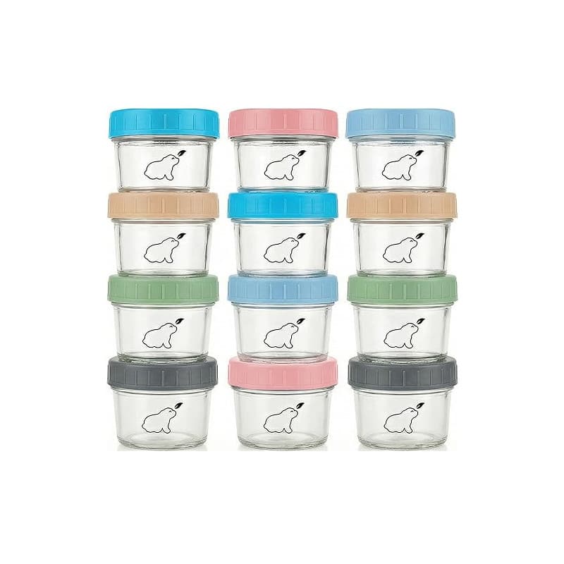 Budding Bear Pot en Verre Bebe 120 ml (Lot de 12) - Pot de Conservation Bebe avec Couvercle Hermétique Adapté au Lave-vaisselle,