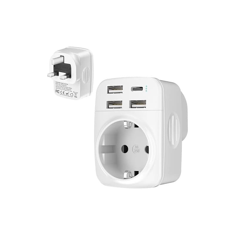 Hoppac 5 en 1 Adaptateur Prise Anglaise, Prise Anglaise Adaptateur Francais avec 3 USB A et 1 USB C, Adaptateur Type G pour Irla