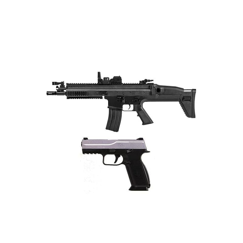 Airsoft-Pack Duo Fusil et Pistolet à Billes FN Scar électrique et FNS-9 à Ressort (0.5 Joule) + 500 Billes