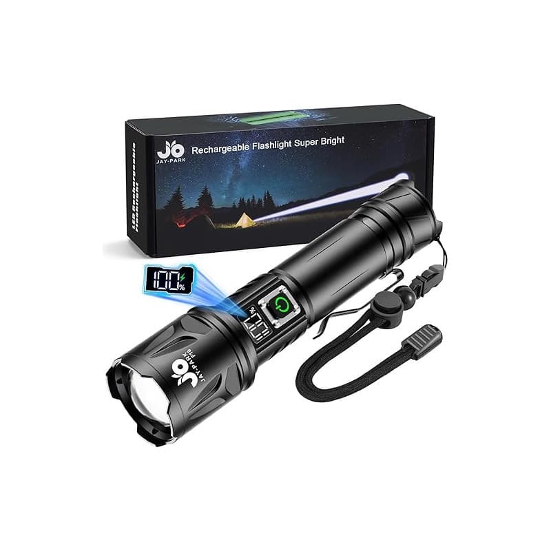 JAY-PARK Lampe Torche LED Ultra Puissante 1000000 Lumens, Rechargeable 5000mAh, Zoom Puissant 3000m, IP67 Étanche, 5 Modes Pour