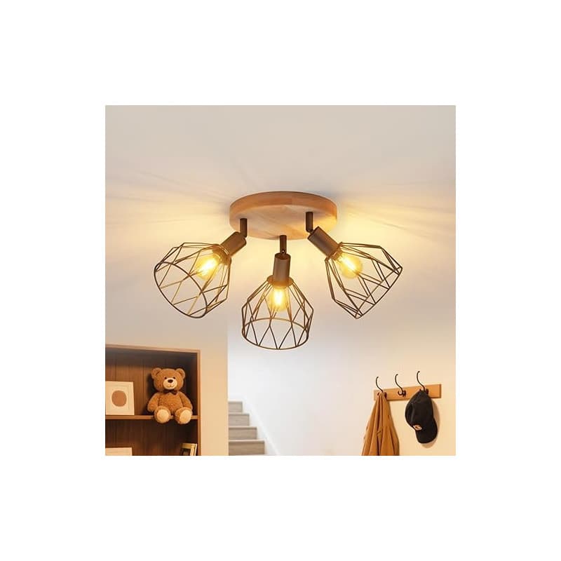 LVWIT Plafonnier 3 Spots LED E14, Luminaires Intérieur Noir, Plafonnier Bois avec Base Round, Applique Murale Chambre, Lustre Sa
