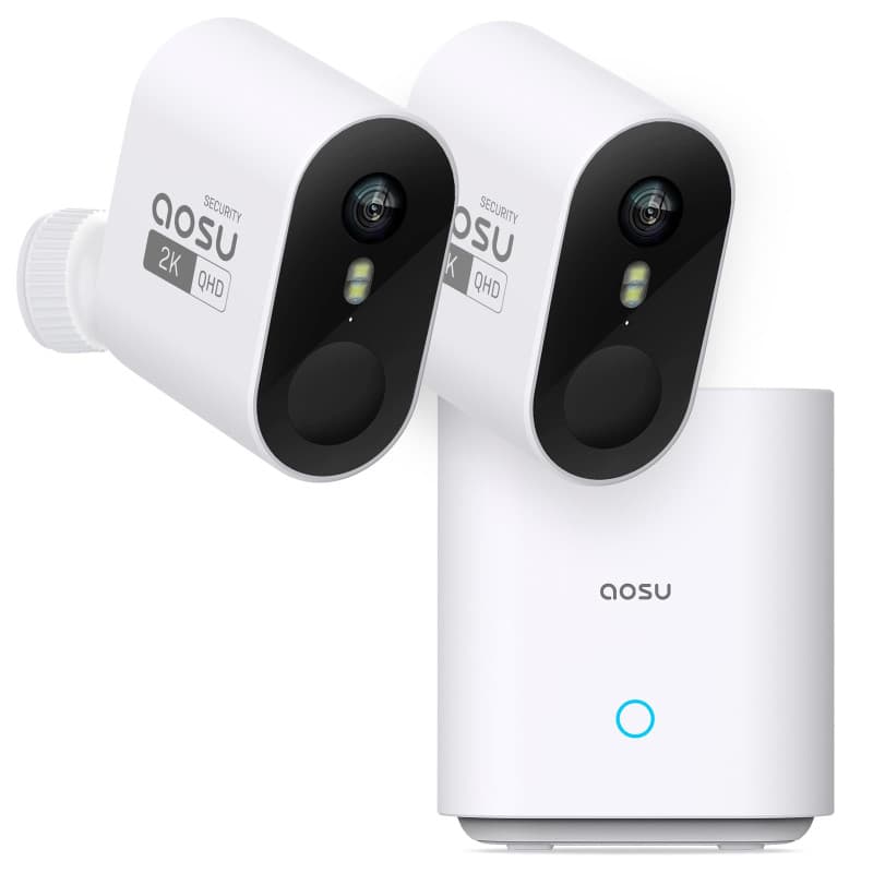 aosu 2K Caméra Surveillance WiFi Extérieure Intérieur sans Fil, Kit 2 Caméras avec aosuBase, sans Abonnement, Autonomie Jusqu’à