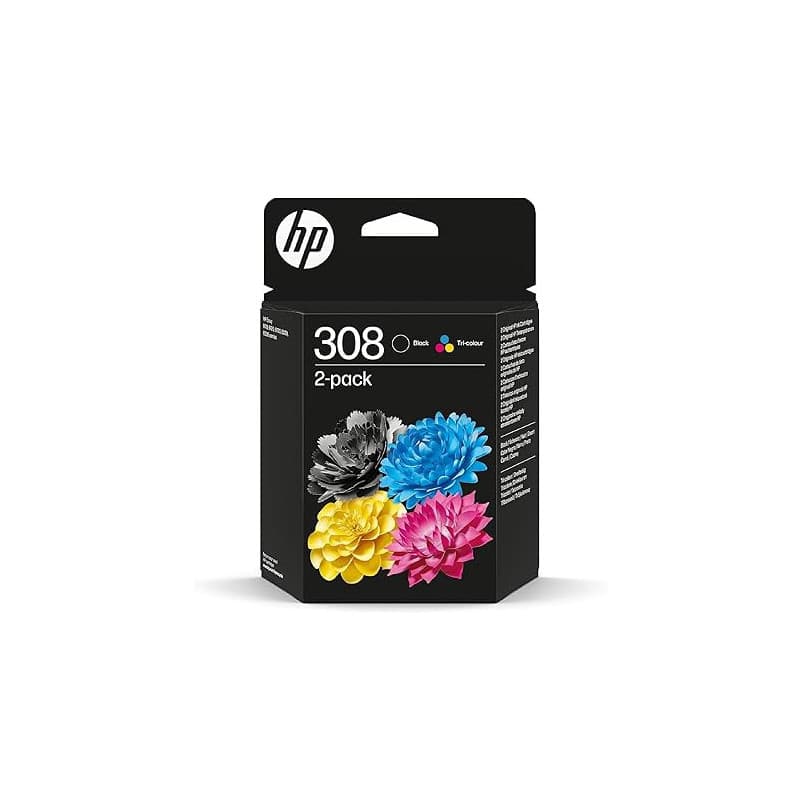 HP 308, Noir et Tricolore, 6L6S6UE, Pack de 2 Cartouches d’Encre Original, Compatible avec Les Series d'Imprimantes Envy 6110, 6