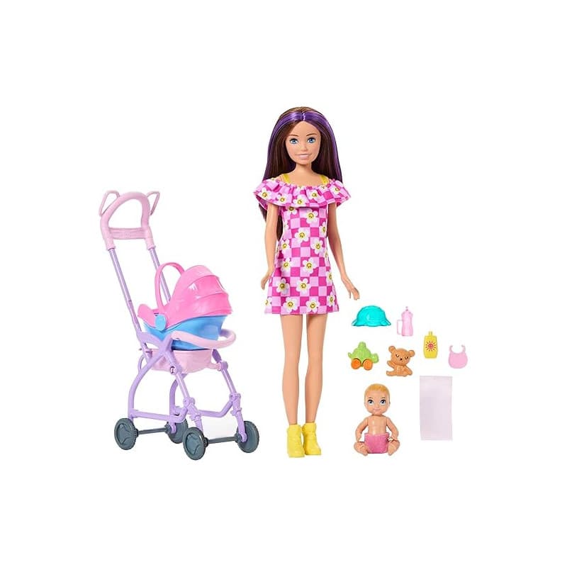 Barbie Skipper Babysitters Inc. Coffret avec poupée brune | Poupée bébé blonde, poussette avec siège auto amovible et 7 accessoi
