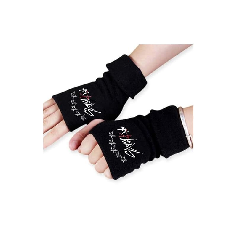 1 paire de gants sans doigts Stray, gants tricotés Stray Gants d'hiver noirs Kpop avec 1 autocollant 3D SKZ et 2 Photocard SKZ,