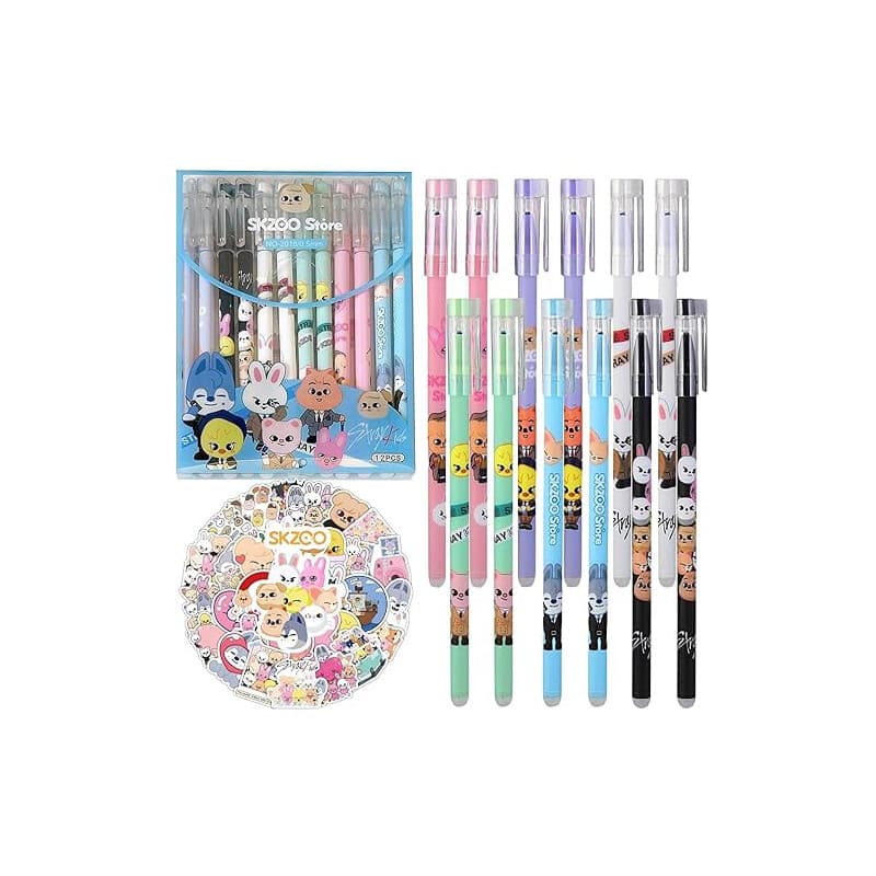 AUNGCSHE 12 Stylo Stray Kids Stylo Effacables, 50 Skzoo Autocollant, 6 Styles Stylo Effacable pour les Fans de Kpop, L'apprentis