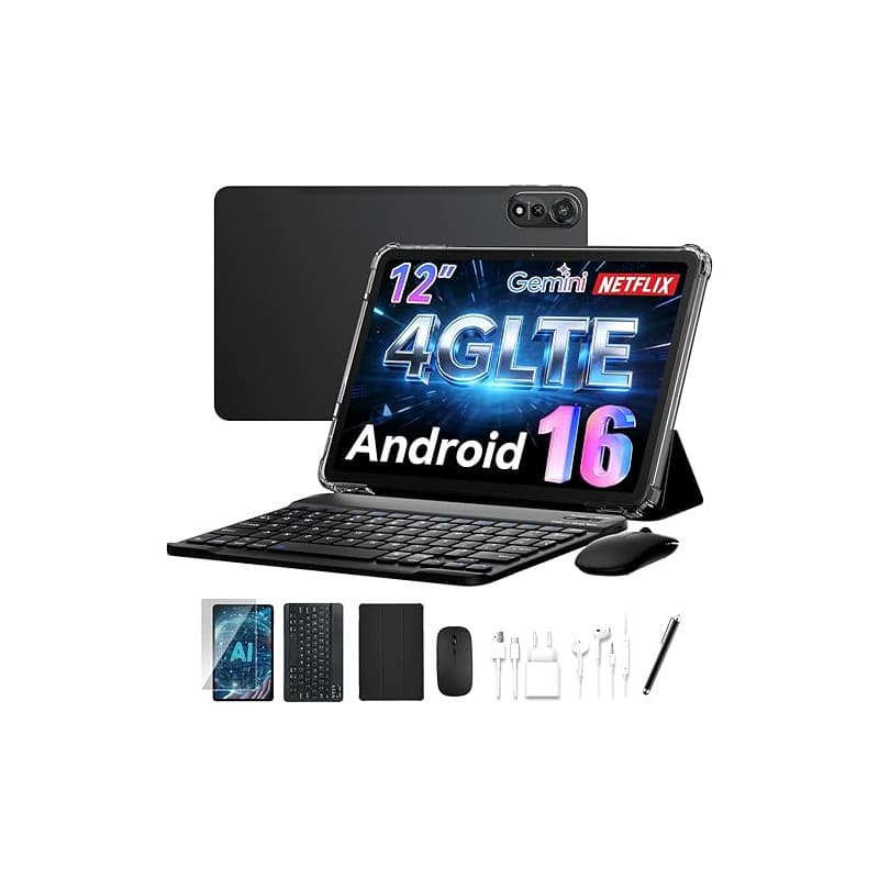 2026 Dernier Android 16 Tablette,12 Pouces Tactile Tablet avec Clavier,4G LTE+5G WiFi,120HZ 2K FHD 24Go RAM+128Go ROM,9000 mAh,O