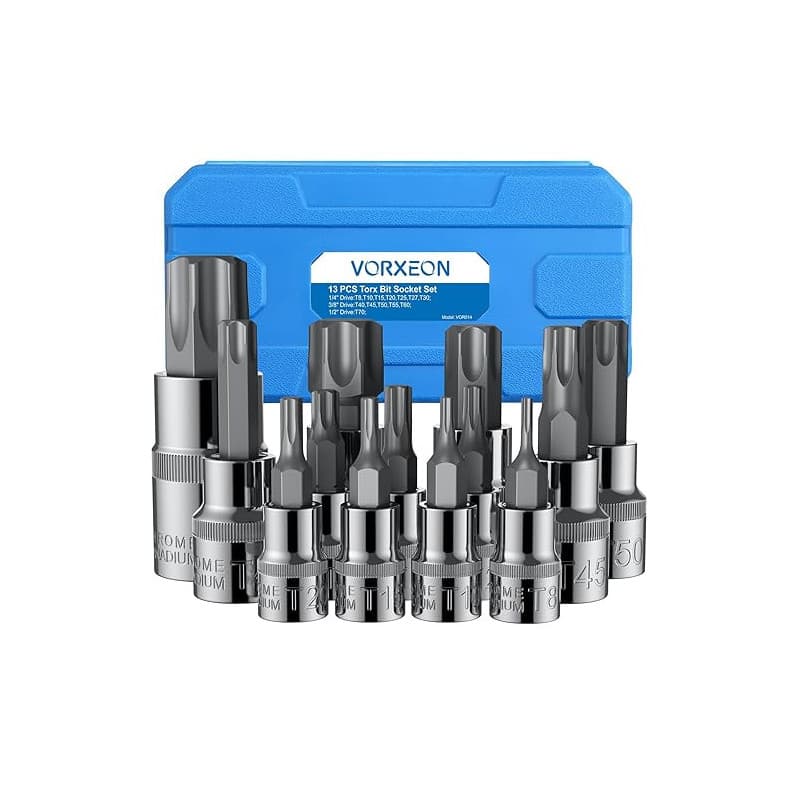 VORXEON Douille Torx Male pour Clef Plate à Oeil T8-T70, 13 Pièces Coffret Avec Entraînement 1/4" 3/8" 1/2" Embout Étoile pour A