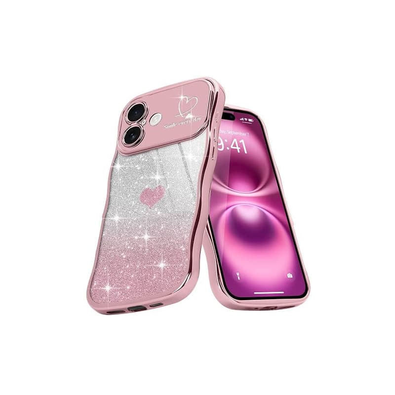 Teageo Coque pour iPhone 16 Bouclée Cadre Paillettes, Doré Rose | Femmes en TPU Souple Décoration à la Mode Téléphone Bumper