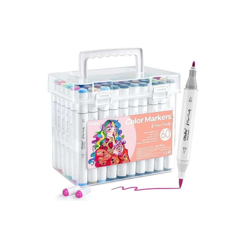 Ohuhu Marqueurs, Feutre à Eau Améliorés, 60 Couleurs Stylos Pinceaux à Double Pointe Feutre Coloriage Adulte pour Coloriage Jour