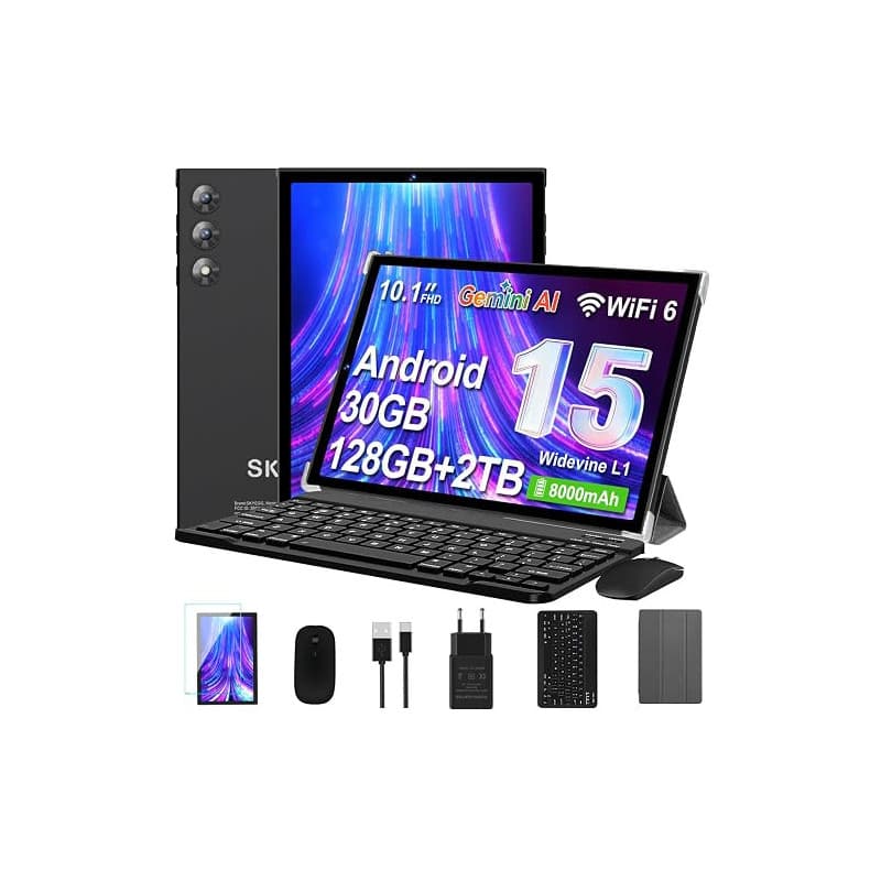 Tablette 10 pouces Android 15 avec Gemini AI, 30 Go RAM+ 128 Go ROM+ 2 To d'extension, WiFi 6, Widevine L1, octa-core, 8000 mAh,