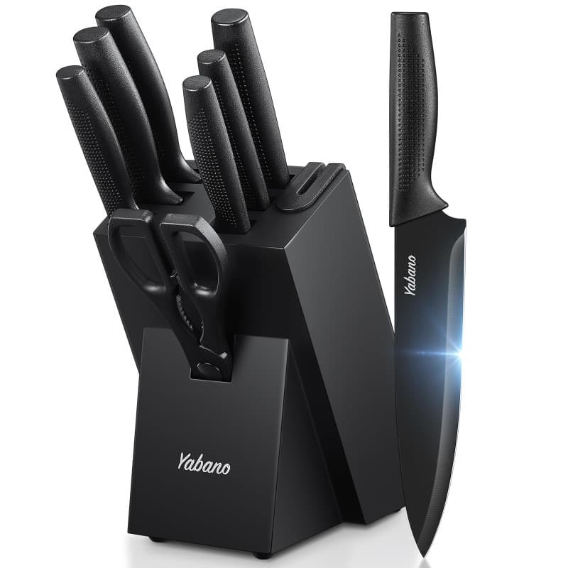 Yabano Couteaux de Cuisine, Set de 8 Bloc de Couteaux en Acier Inoxydable avec Affûteur Intégré, Couteaux Noirs Tranchants avec
