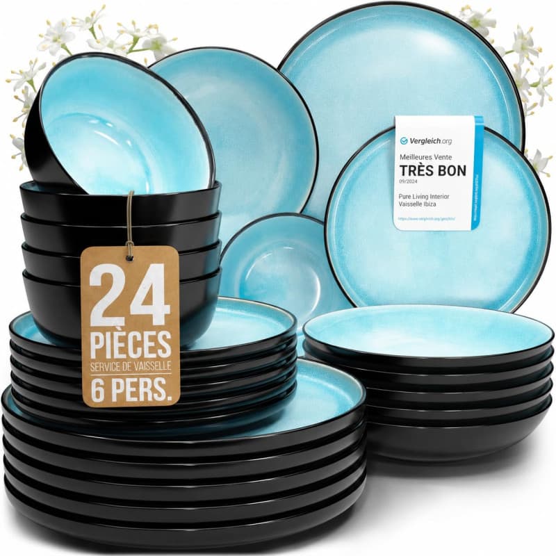 Pure Living Service de table 24 pièces pour 6 personnes – Beau service de table en grès de style méditerranéen pour 6 personnes