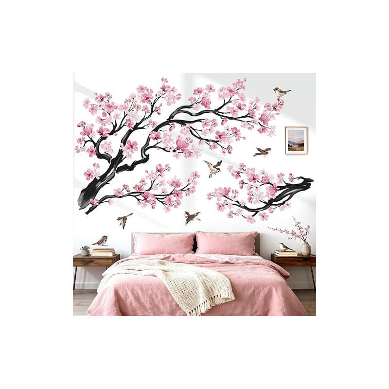 wondever Stickers Muraux Grand Branche de Fleurs Rose Autocollants Muraux Mural Stickers Cerisier Floral Branche Arbre Oiseaux p
