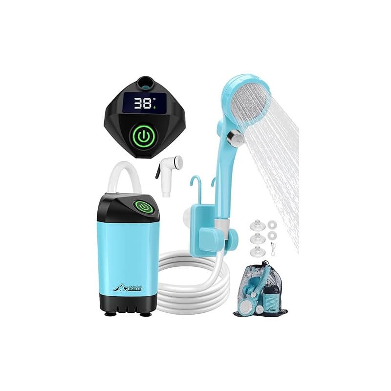 WADEO Kit Douche de Camping, Pompe de Douche Électrique Rechargeable, Pommeau de Douche avec Affichage Intelligent de Températur