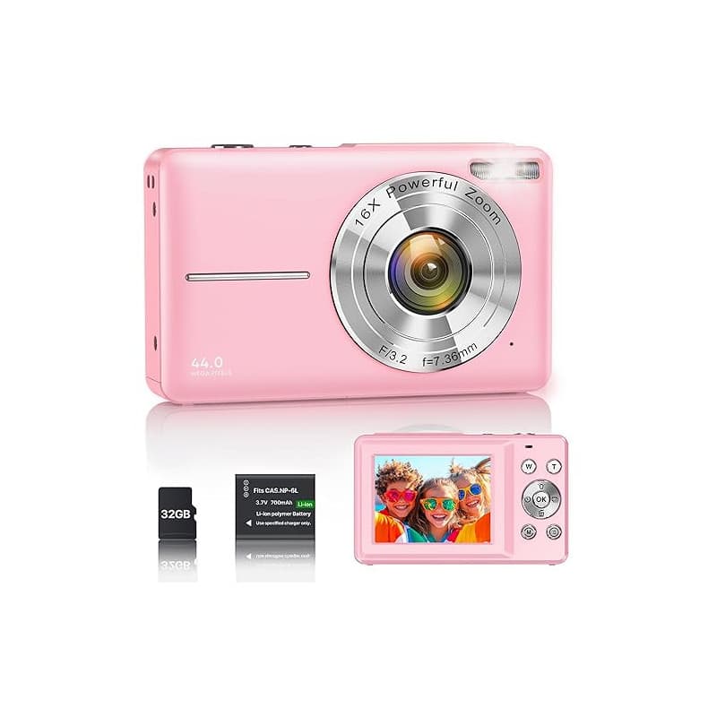 Appareil Photo Numérique 1080P 44MP Caméra Vlogging pour Enfants Ados, FHD Compact Portable avec Écran 2,4" Zoom 16X, Mini Camér