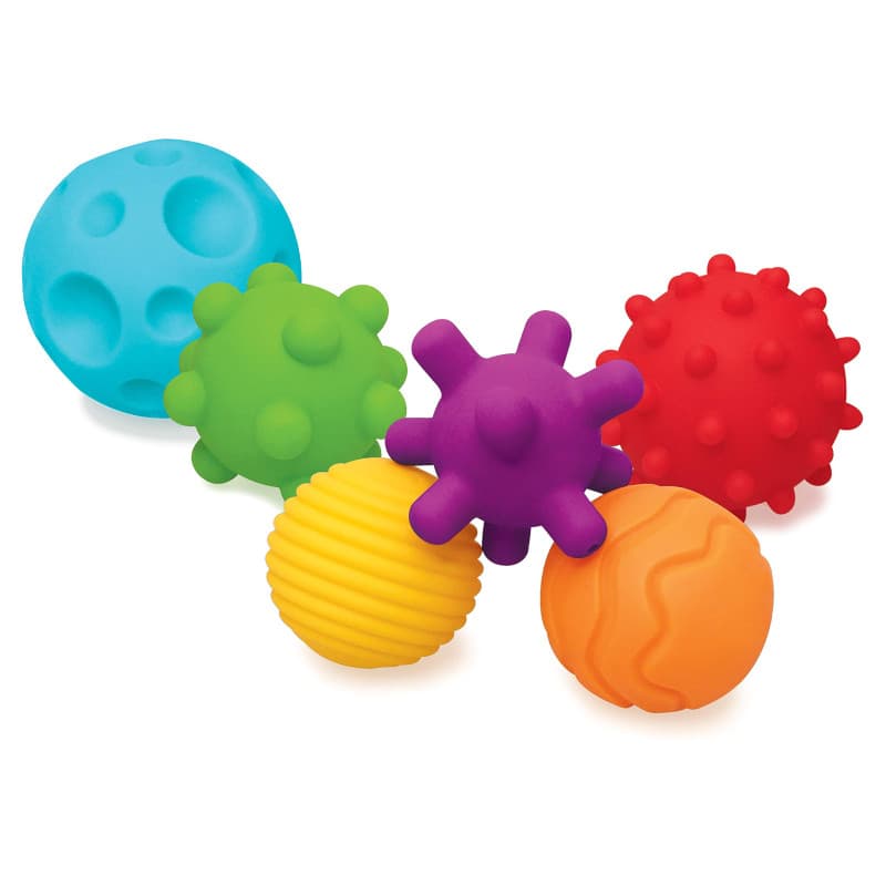 INFANTINO Ensemble de 6 Balles Texturées pour Bébés et Tout-Petits, Jouets Sensoriels, Motricité, Couleurs et Formes Multiples,