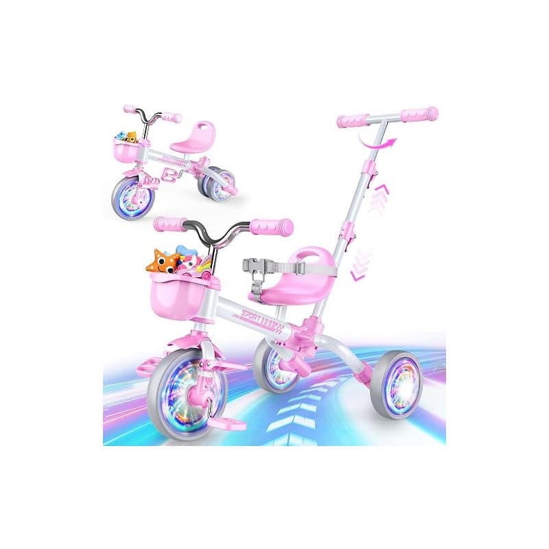 HappyGoLucky 5 en 1 Tricycle évolutif Enfant, Draisienne 1-5 Ans-Roues Lumineuses/Poignée Parentale/Sièges&pédales Réglables