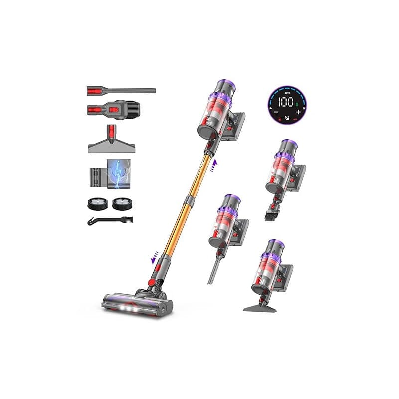 coovy SU7 Aspirateur Balai sans Fil 580W/55Kpa/75Mins, Aspirateur Puissant, Détection Poussière, Écrans Tactiles LED, Brosse Ant