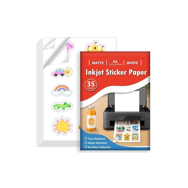 Euqvunn 35 Sheets Feuille Autocollante Imprimante A4, Blanc Mat Imperméable Vinyle Imprimable Papier Autocollant, Feuille Complè