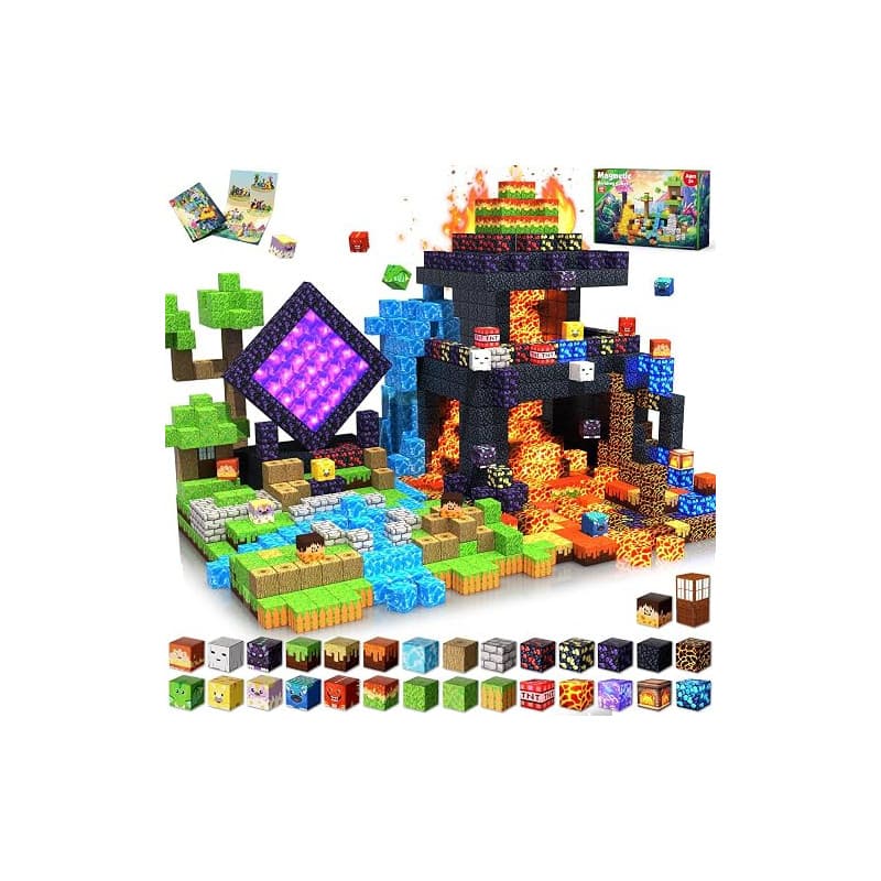 GraceDuck Cube Magnétiques 300 Pièces Set Dinosaures et Volcan - Bloc de Construction Magnétique avec Lave et Forêt - Jouet de C