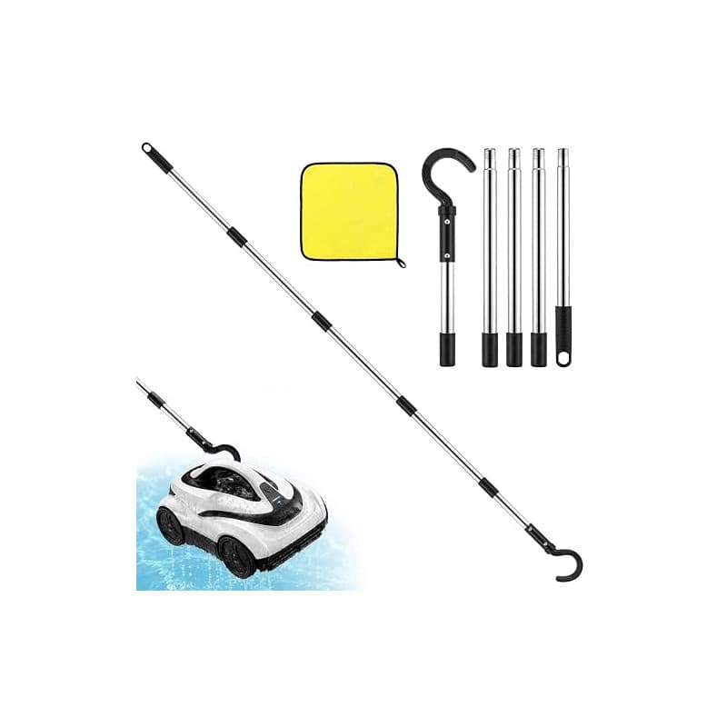 Kit Perche avec Crochet Robot Piscine 183 cm, 5 Sections | Perche en Acier Inoxydable avec Chiffon pour Rapprocher et Retirer le