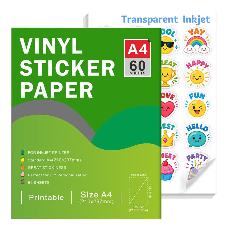 Ruibytree Papier Vinyle Autocollant Transparent A4 Jet d'Encre, 60 Feuilles | Compatible Cricut et Silhouette, Séchage Rapide, I