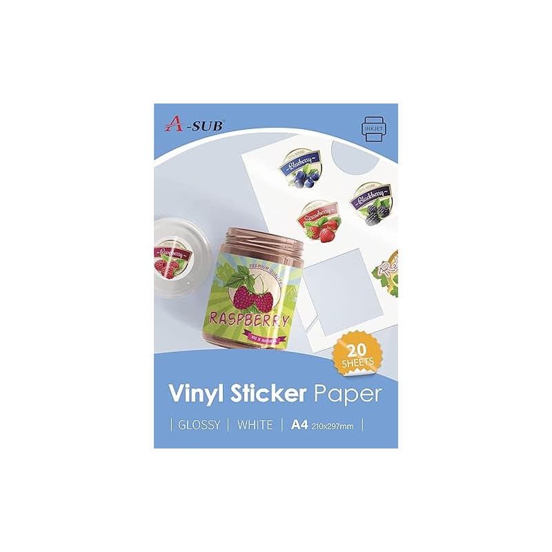 A-SUB Papier autocollant en vinyle imprimable imperméable de qualité supérieure blanc brillant, étiquettes autocollantes en viny