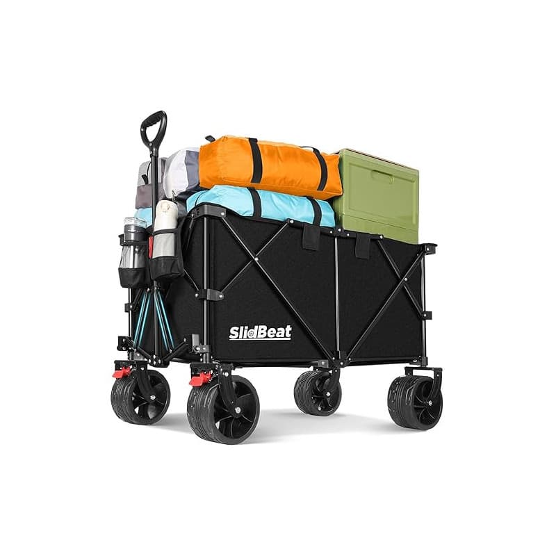 SLIDBEAT XXL Chariot de Plage 220-330L, Chariot de Transport Pliable avec Roues Large 18cm, Chariot de Jardin à Poignée à Rebond